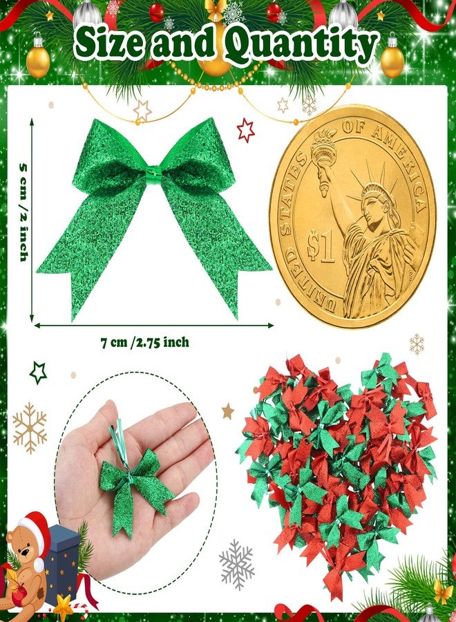 Xinnun 100 Pieces 2 Inch Christmas Ribbon Bows Glitter Twist Tie Pretied Mini Shiny Christmas DIY Polyester Craft Bows for Sewing Appliques Scrapbooking Wedding Gift(Red, Green) - Image 2
